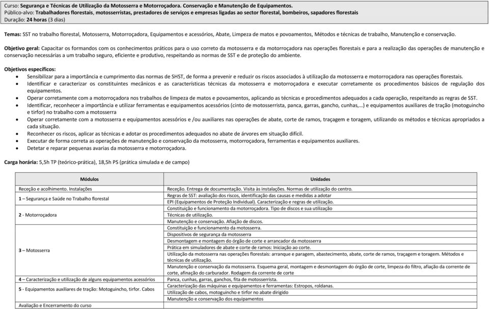 trabalho florestal, Motosserra, Motorroçadora, Equipamentos e acessórios, Abate, Limpeza de matos e povoamentos, Métodos e técnicas de trabalho, Manutenção e conservação.