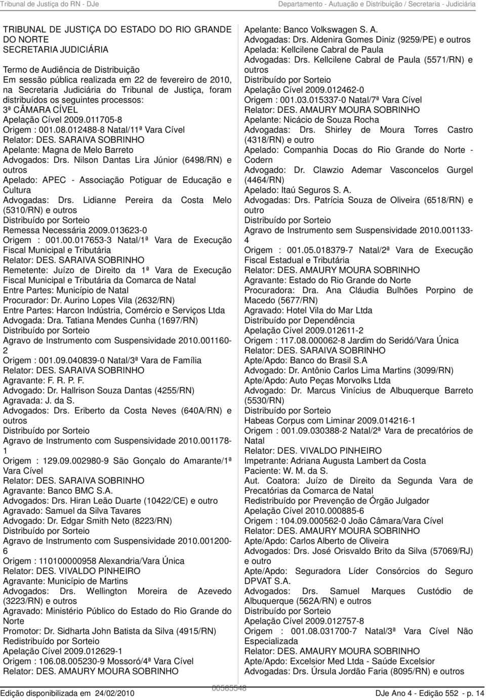 012488-8 Natal/11ª Vara Cível Relator: DES. SARAIVA SOBRINHO Apelante: Magna de Melo Barreto Advogados: Drs.