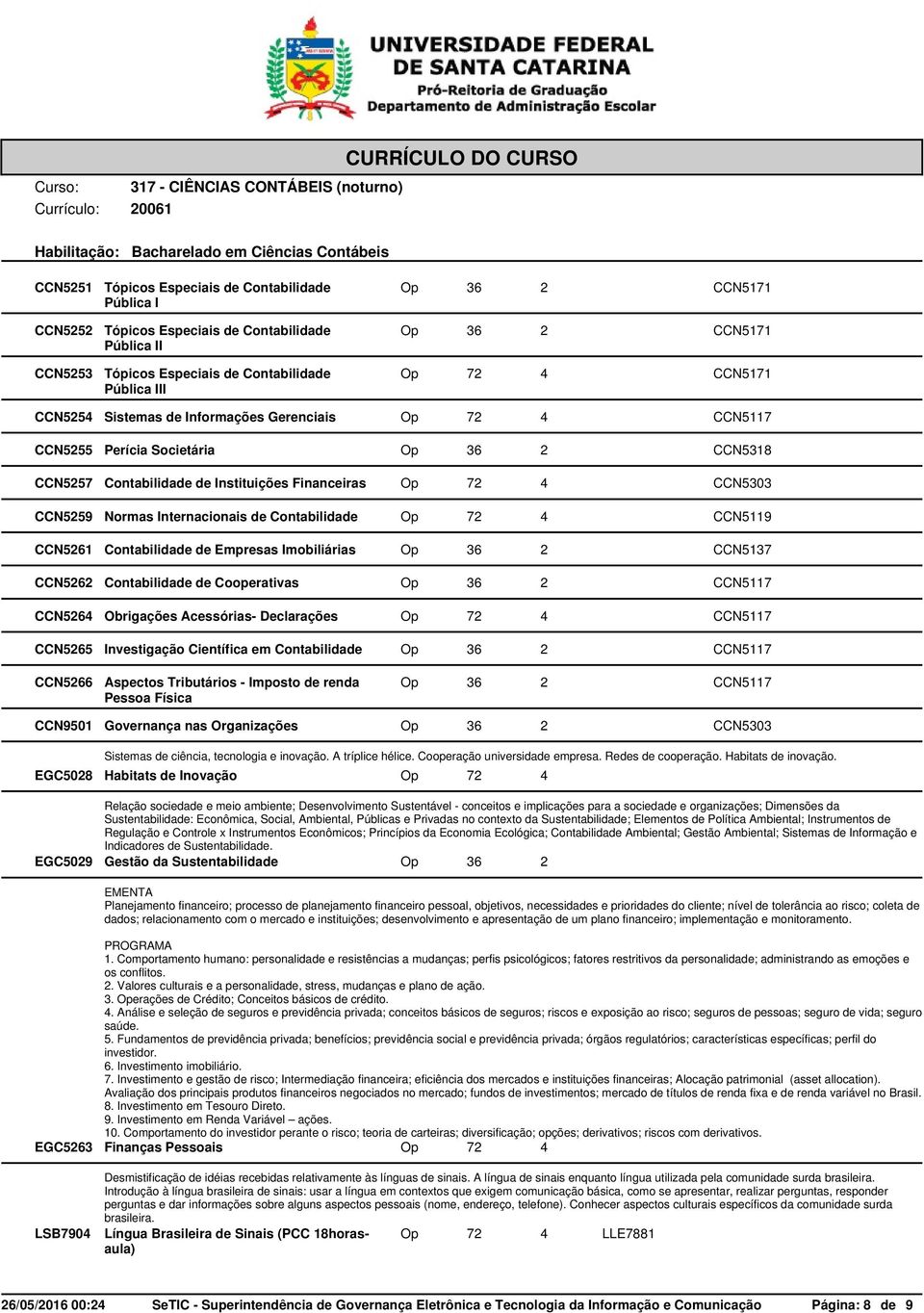 Imobiliárias CCN5137 CCN5262 Contabilidade de Cooperativas CCN5264 Obrigações Acessórias- Declarações CCN5265 Investigação Científica em Contabilidade CCN5266 Aspectos Tributários - Imposto de renda