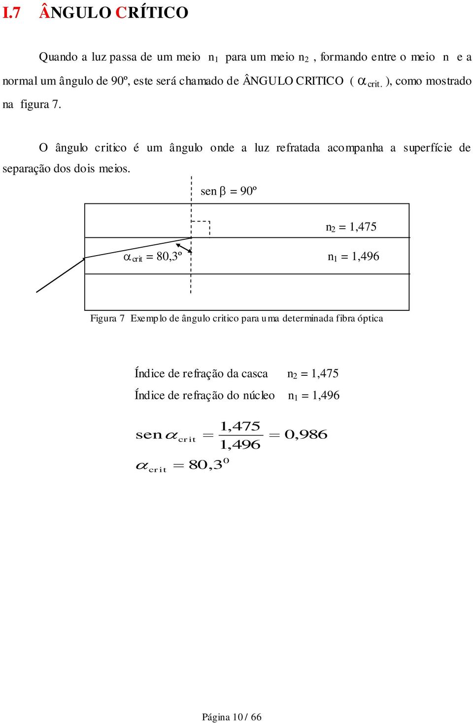 O ângulo critico é um ângulo onde a luz refratada acompanha a superfície de separação dos dois meios.