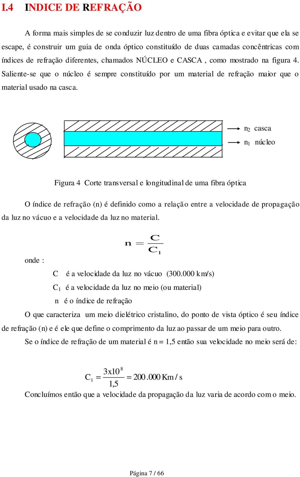 n 2 casca n 1 núcleo Figura 4 Corte transversal e longitudinal de uma fibra óptica O índice de refração (n) é definido como a relação entre a velocidade de propagação da luz no vácuo e a velocidade