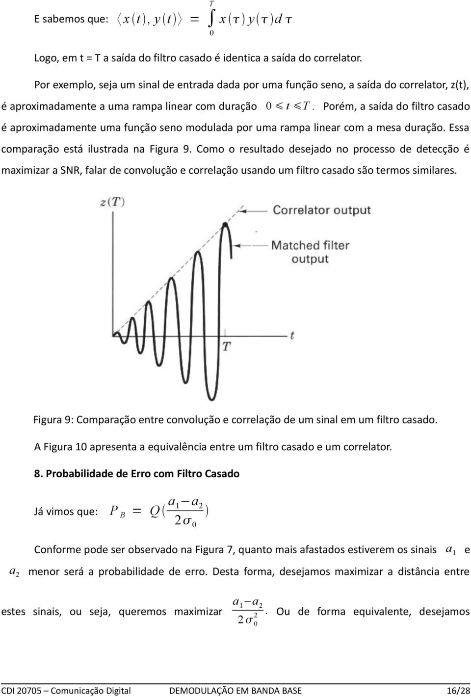 Porém, a saída do filtro casado é aproximadamente uma função seno modulada por uma rampa linear com a mesa duração. Essa comparação está ilustrada na Figura 9.