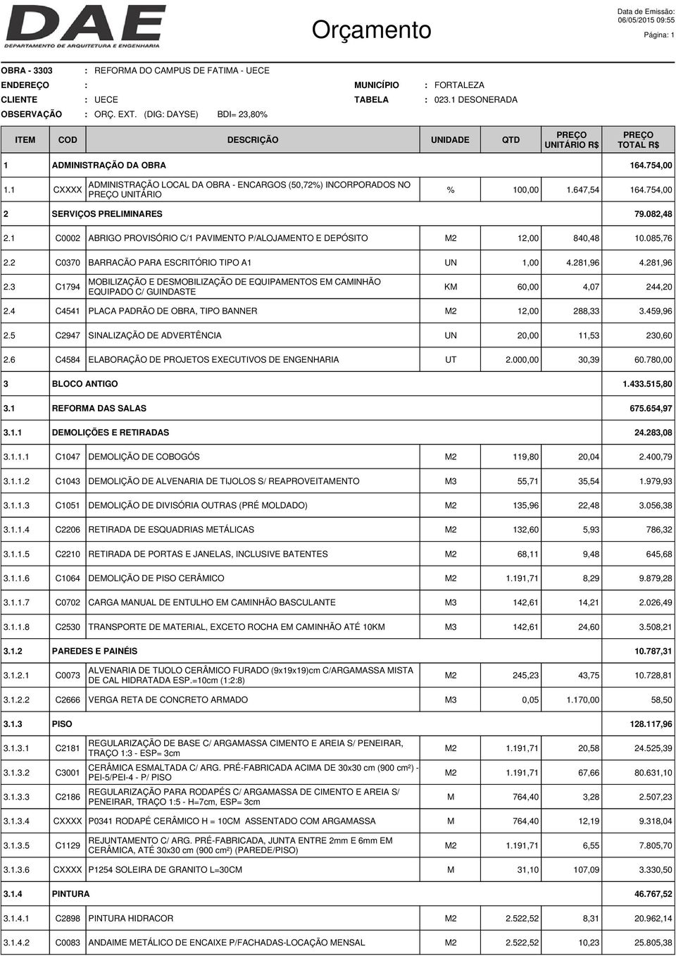 1 C0002 ABRIGO PROVISÓRIO C/1 PAVIMENTO P/ALOJAMENTO E DEPÓSITO 12,00 840,48 10.085,76 2.2 C0370 BARRACÃO PARA ESCRITÓRIO TIPO A1 1,00 4.281,96 4.