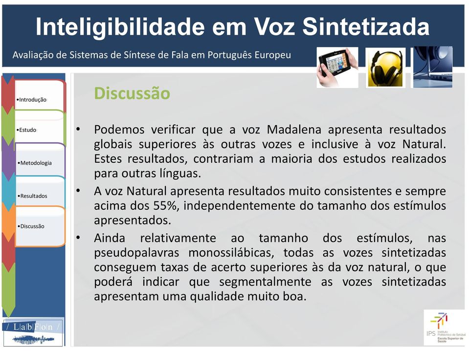 A voz Natural apresenta resultados muito consistentes e sempre acima dos 55%, independentemente do tamanho dos estímulos apresentados.