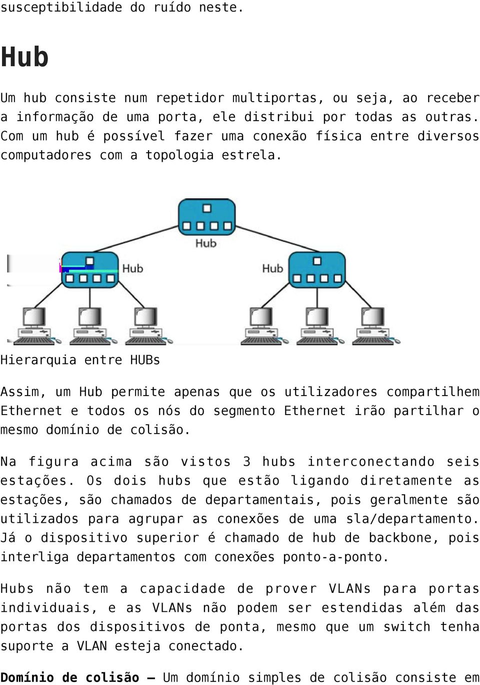 Hierarquia entre HUBs Assim, um Hub permite apenas que os utilizadores compartilhem Ethernet e todos os nós do segmento Ethernet irão partilhar o mesmo domínio de colisão.