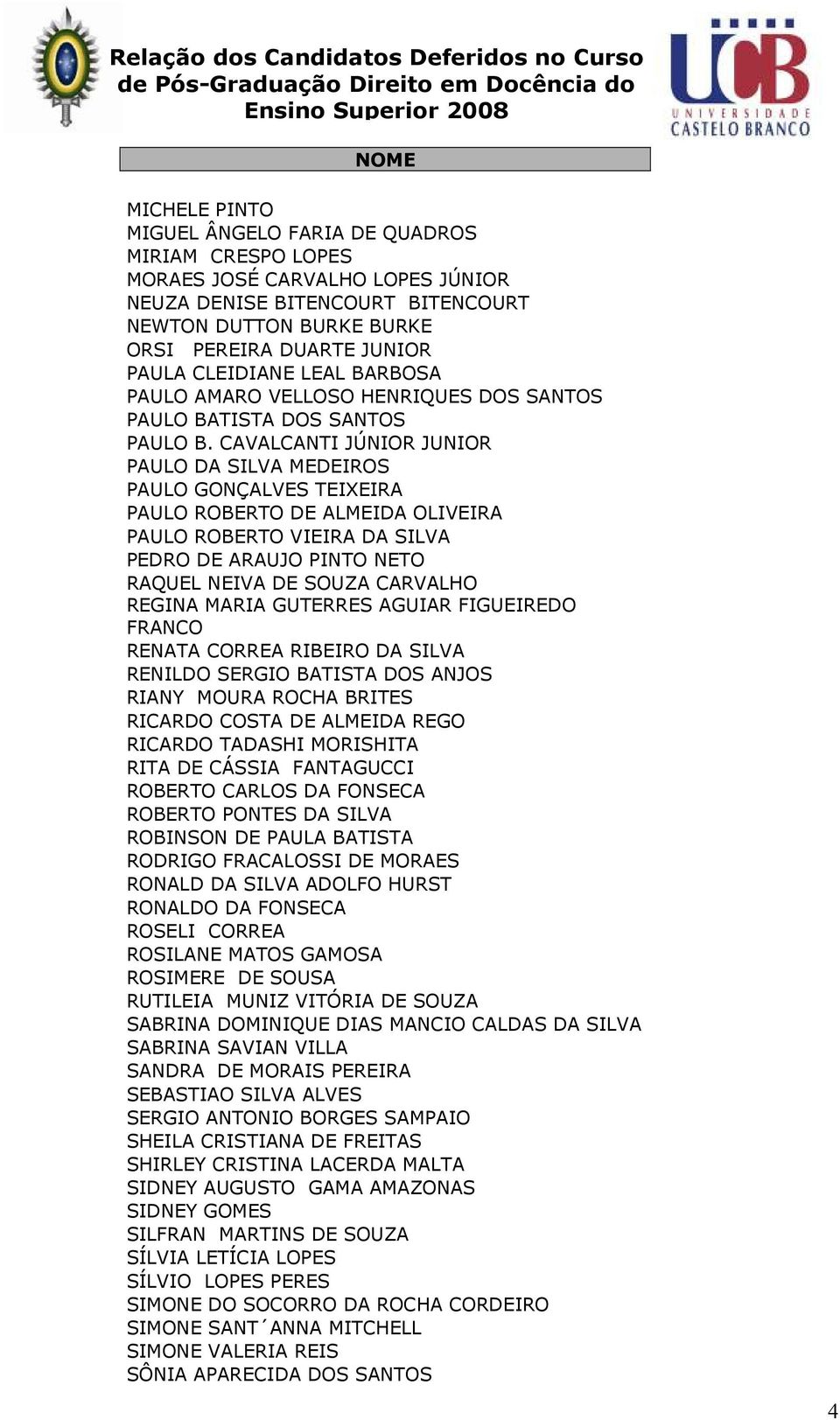 CAVALCANTI JÚNIOR JUNIOR PAULO DA SILVA MEDEIROS PAULO GONÇALVES TEIXEIRA PAULO ROBERTO DE ALMEIDA OLIVEIRA PAULO ROBERTO VIEIRA DA SILVA PEDRO DE ARAUJO PINTO NETO RAQUEL NEIVA DE SOUZA CARVALHO