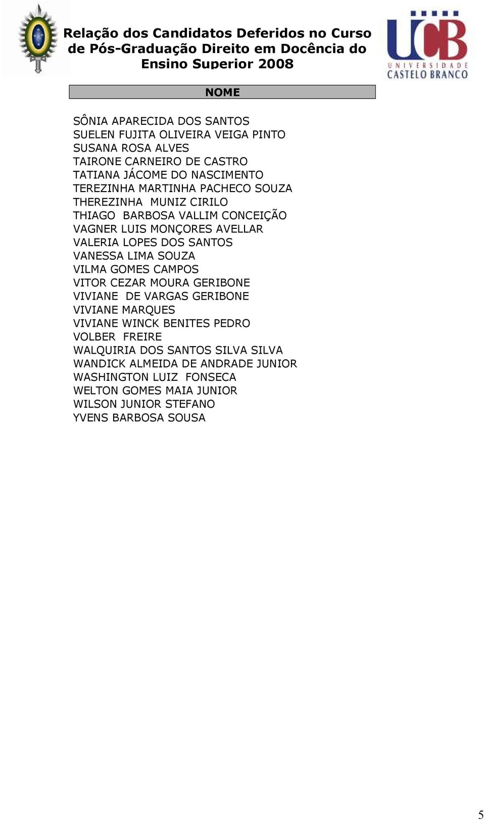 SOUZA VILMA GOMES CAMPOS VITOR CEZAR MOURA GERIBONE VIVIANE DE VARGAS GERIBONE VIVIANE MARQUES VIVIANE WINCK BENITES PEDRO VOLBER FREIRE WALQUIRIA