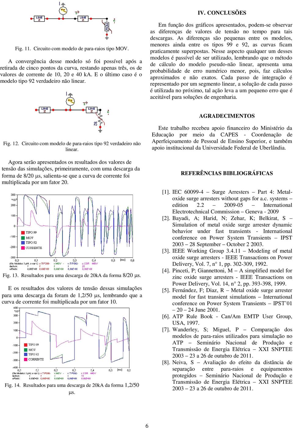 E o último caso é o modelo tipo 92 verdadeiro não linear. Em função dos gráficos apresentados, podem-se observar as diferenças de valores de tensão no tempo para tais descargas.