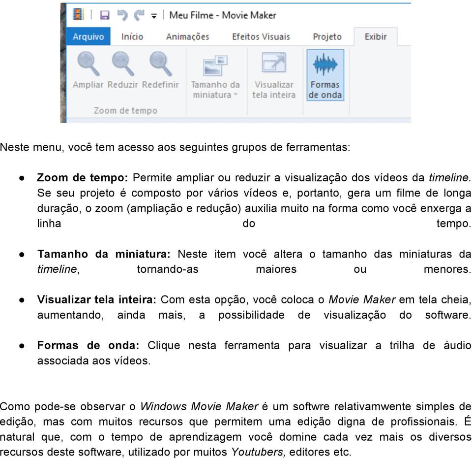 Tamanho da miniatura: Neste item você altera o tamanho das miniaturas da timeline, tornando-as maiores ou menores.