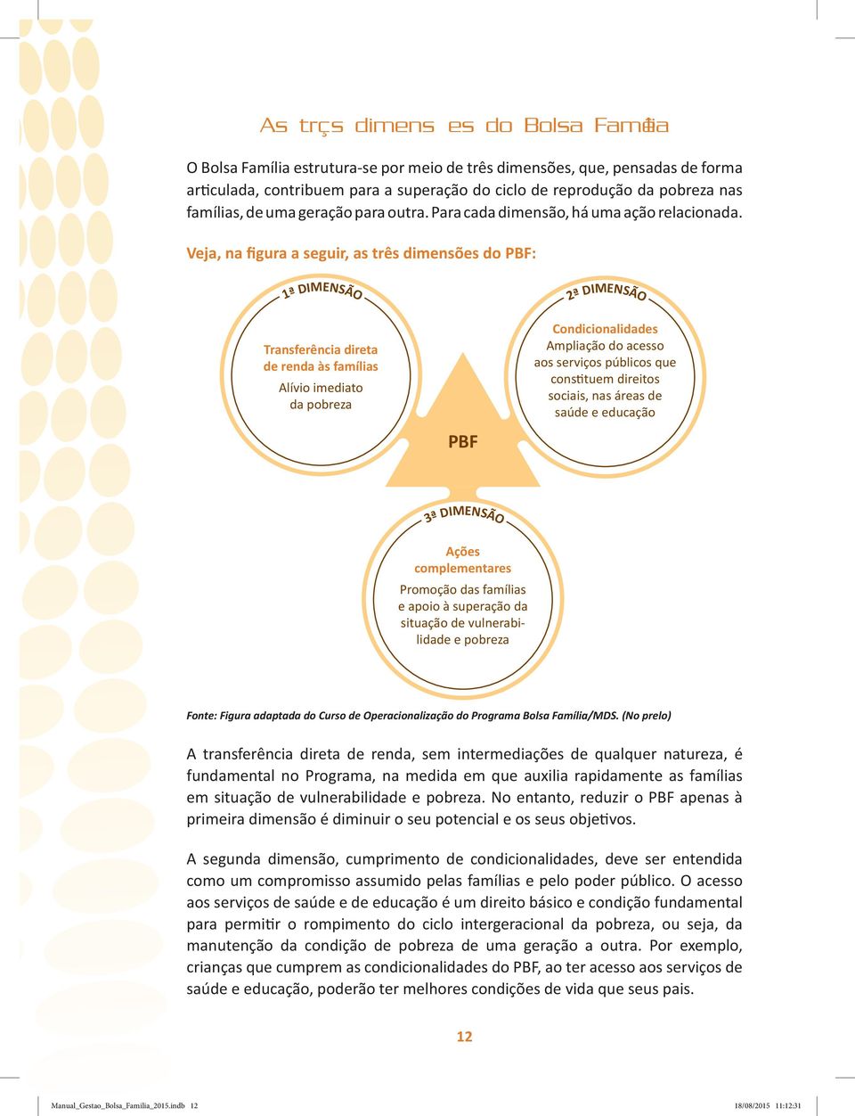 Veja, na figura a seguir, as três dimensões do PBF: 1ª DIMENSÃO 2ª DIMENSÃO Transferência direta de renda às famílias Alívio imediato da pobreza Condicionalidades Ampliação do acesso aos serviços