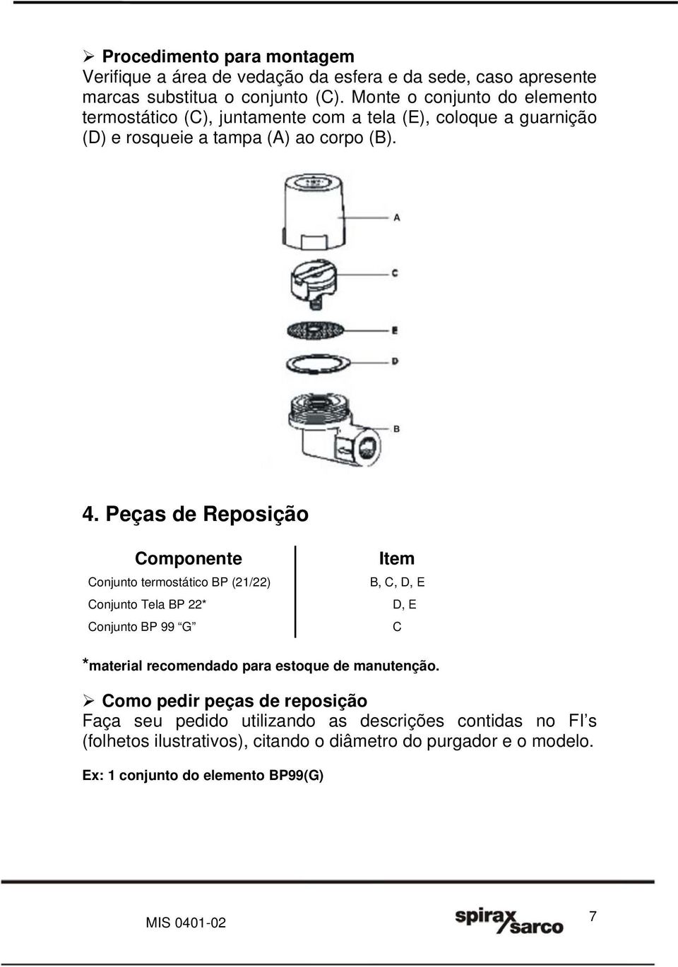 Peças de Reposição Componente Conjunto termostático BP (21/22) Conjunto Tela BP 22* Conjunto BP 99 G Item B, C, D, E D, E C *material recomendado para