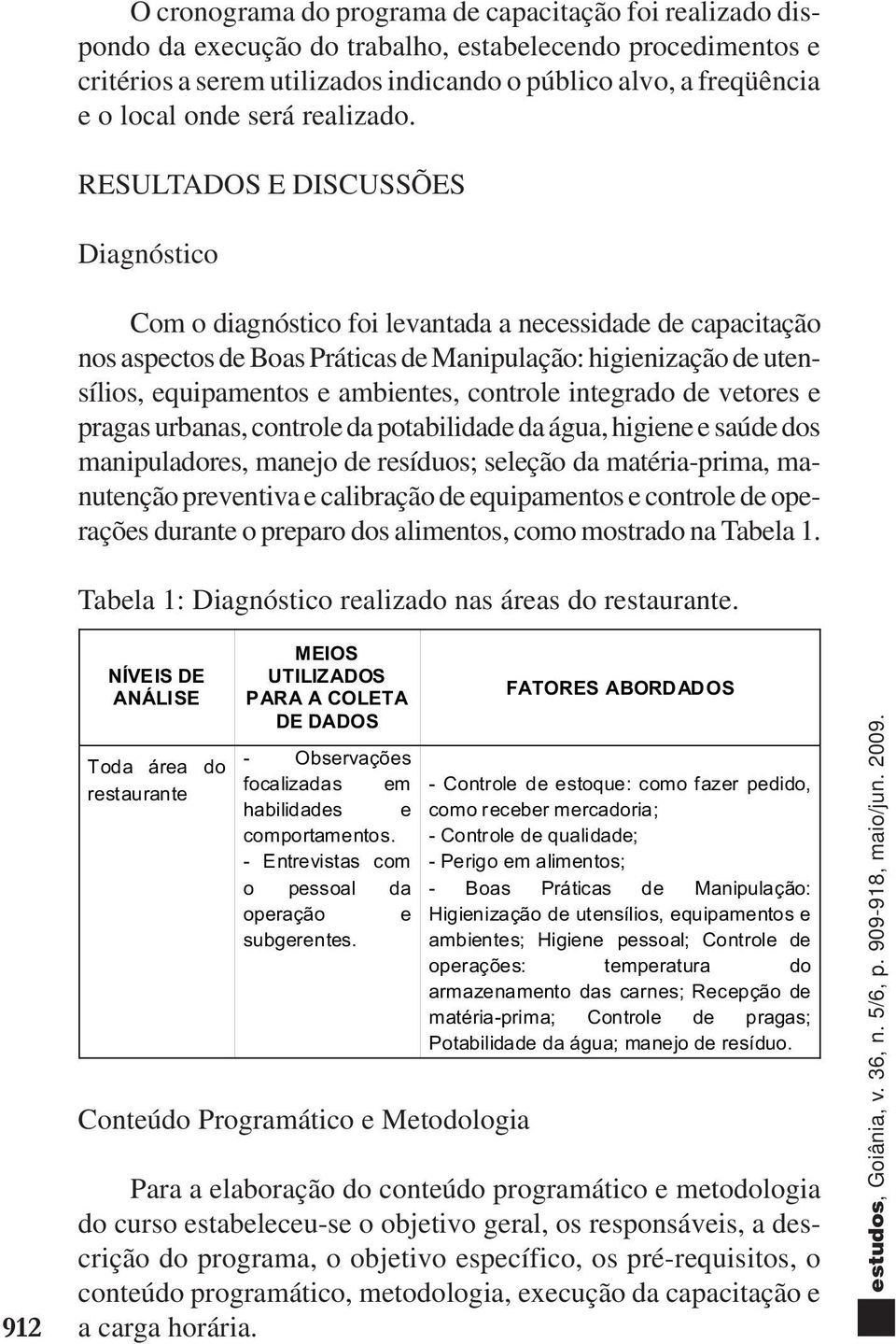 RESULTADOS E DISCUSSÕES Diagnóstico Com o diagnóstico foi levantada a necessidade de capacitação nos aspectos de Boas Práticas de Manipulação: higienização de utensílios, equipamentos e ambientes,