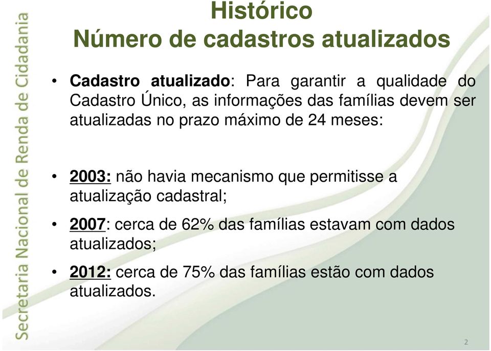 meses: 2003: não havia mecanismo que permitisse a atualização cadastral; 2007: cerca de 62%