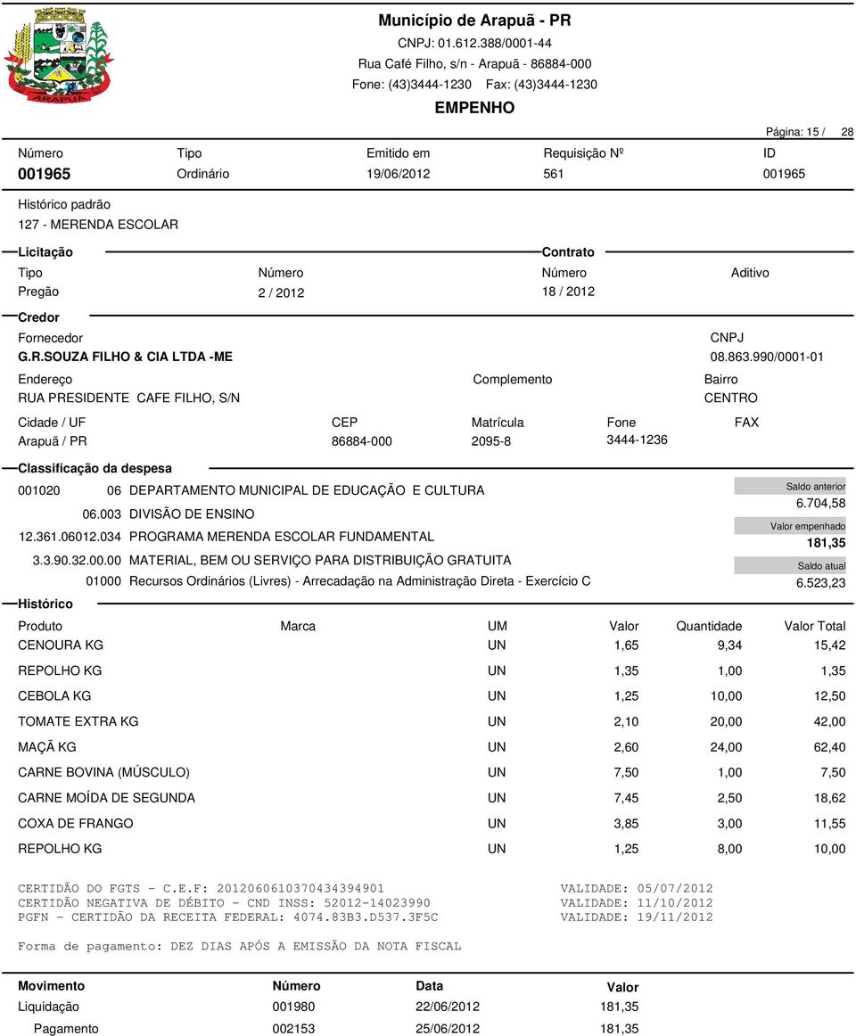 704,58 06.003 DIVISÃO DE ENSINO empenhado 12.361.06012.034 PROGRAMA MERENDA ESCOLAR FDAMENTAL 181,35 3.3.90.32.00.00 MATERIAL, BEM OU SERVIÇO PARA DISTRIBUIÇÃO GRATUITA 01000 Recursos s (Livres) - Arrecadação na Administração Direta - Exercício C 6.