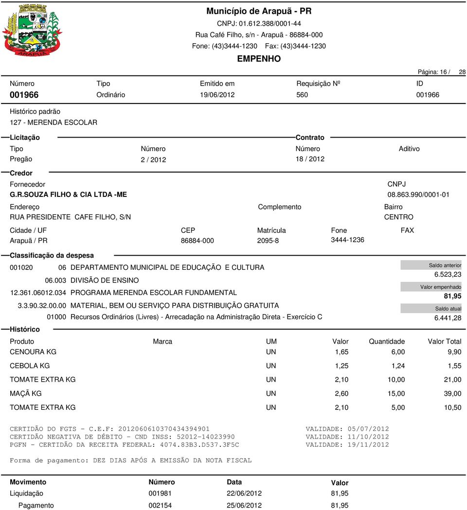 523,23 06.003 DIVISÃO DE ENSINO empenhado 12.361.06012.034 PROGRAMA MERENDA ESCOLAR FDAMENTAL 81,95 3.3.90.32.00.00 MATERIAL, BEM OU SERVIÇO PARA DISTRIBUIÇÃO GRATUITA 01000 Recursos s (Livres) - Arrecadação na Administração Direta - Exercício C 6.