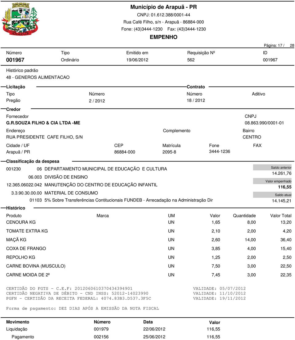 SOUZA FILHO & CIA LTDA -ME RUA PRESENTE CAFE FILHO, S/N Arapuã / PR 86884-000 2095-8 3444-1236 001230 06 DEPARTAMENTO MICIPAL DE EDUCAÇÃO E CULTURA 14.261,76 06.003 DIVISÃO DE ENSINO empenhado 12.365.