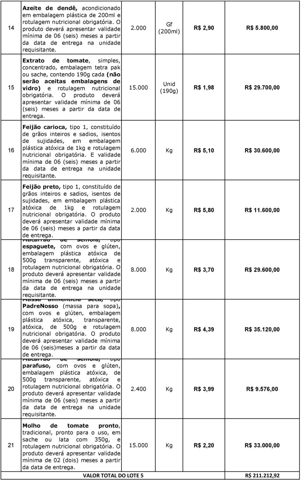 700,00 6 7 8 9 0 Feijão carioca, tipo, constituído de grãos inteiros e sadios, isentos de sujidades, em embalagem plástica atóxica de kg e rotulagem nutricional obrigatória.