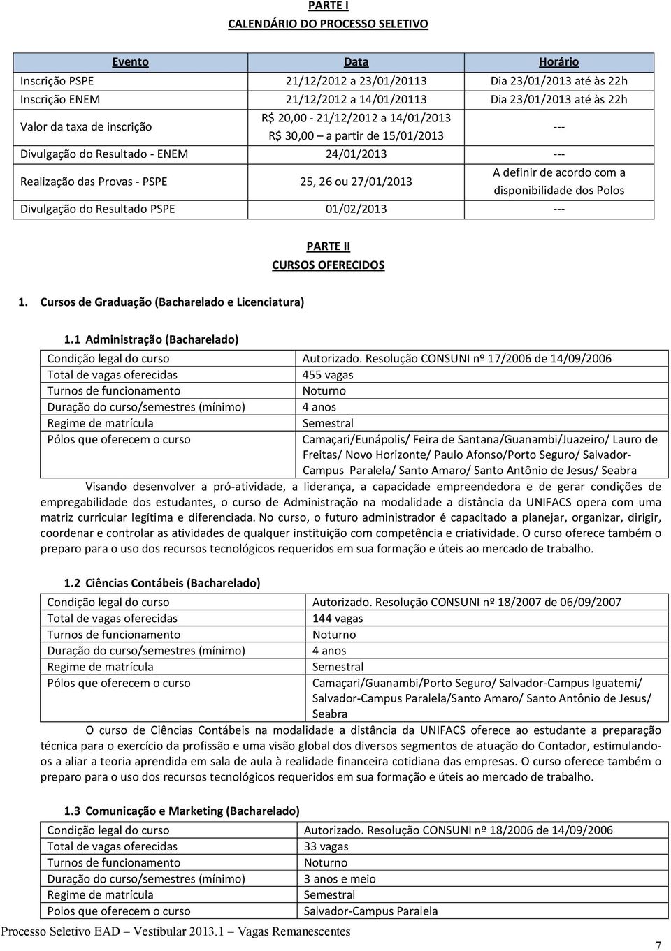 acordo com a disponibilidade dos Polos Divulgação do Resultado PSPE 01/02/2013 --- PARTE II CURSOS OFERECIDOS 1. Cursos de Graduação (Bacharelado e Licenciatura) 1.