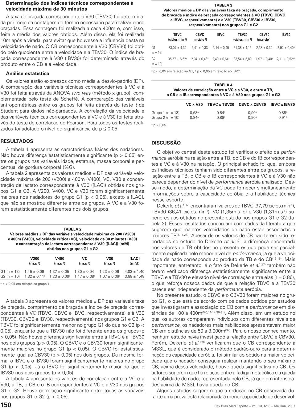 O CB correspondente à V30 (CBV30) foi obtido pelo quociente entre velocidde e TBV30. O índice de brçd correspondente à V30 (IBV30) foi determindo trvés do produto entre o CB e velocidde.