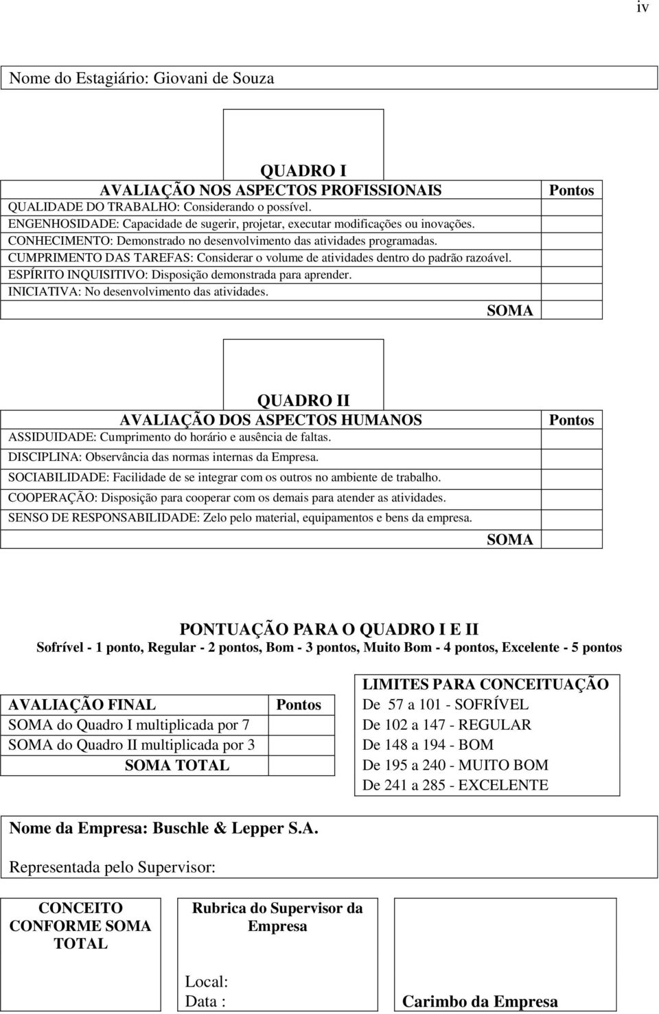 CUMPRIMENTO DAS TAREFAS: Considerar o volume de atividades dentro do padrão razoável. ESPÍRITO INQUISITIVO: Disposição demonstrada para aprender. INICIATIVA: No desenvolvimento das atividades.