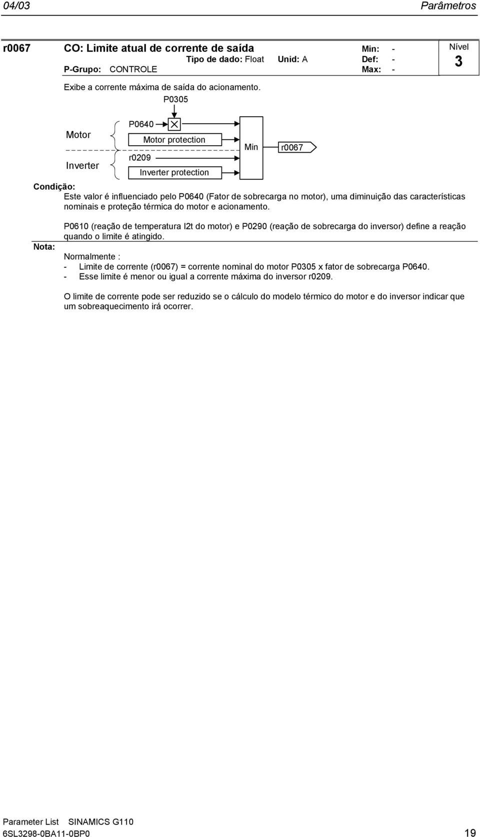 érmica do moor e acionameno. Noa: P0610 (reação de emperaura I2 do moor) e P0290 (reação de sobrecarga do inversor) define a reação quando o limie é aingido.