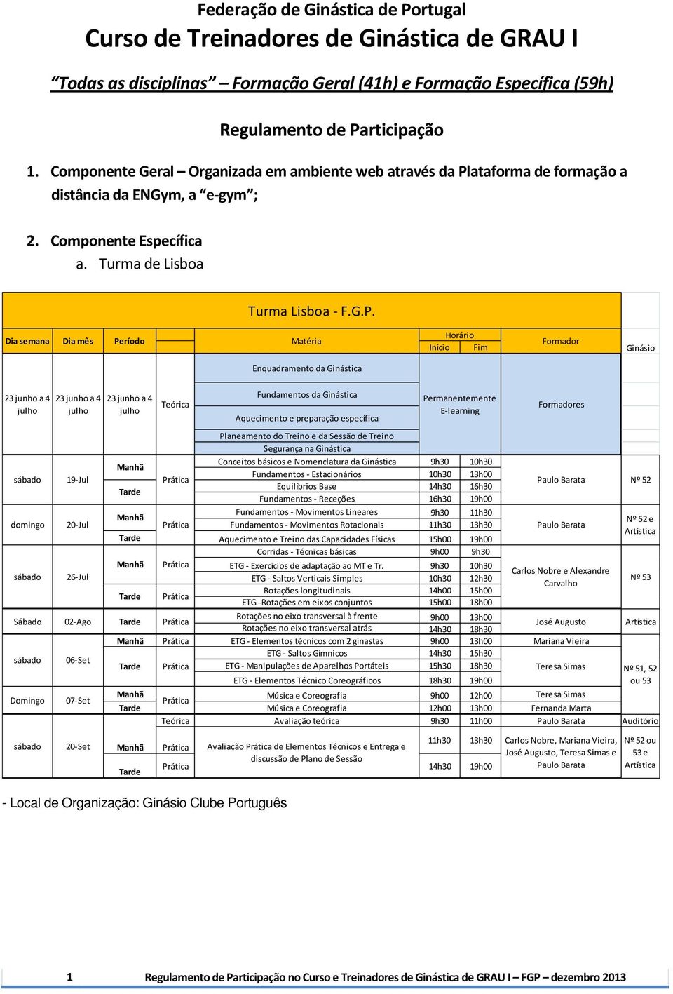 ataforma de formação a distância da ENGym, a e-gym ; 2. Componente Específica a. Turma de Lisboa Turma Lisboa - F.G.P.