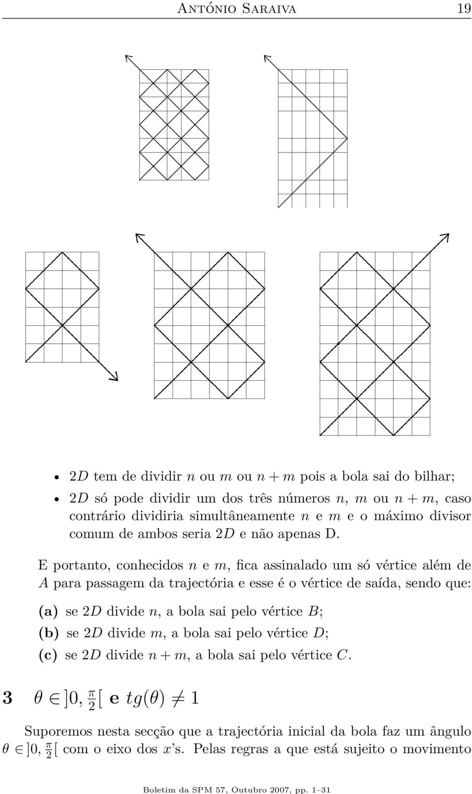 E portanto, conhecidos n e m, fica assinalado um só vértice além de A para passagem da trajectória e esse é o vértice de saída, sendo que: (a) se 2D divide n, a bola sai