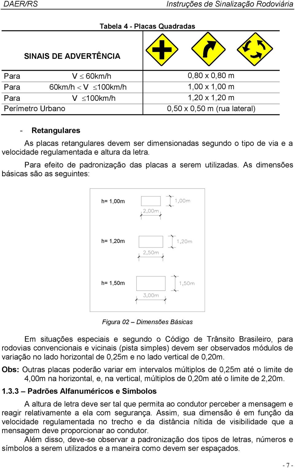 As dimensões básicas são as seguintes: h= 1,00m h= 1,20m h= 1,50m Figura 02 Dimensões Básicas Em situações especiais e segundo o Código de Trânsito Brasileiro, para rodovias convencionais e vicinais