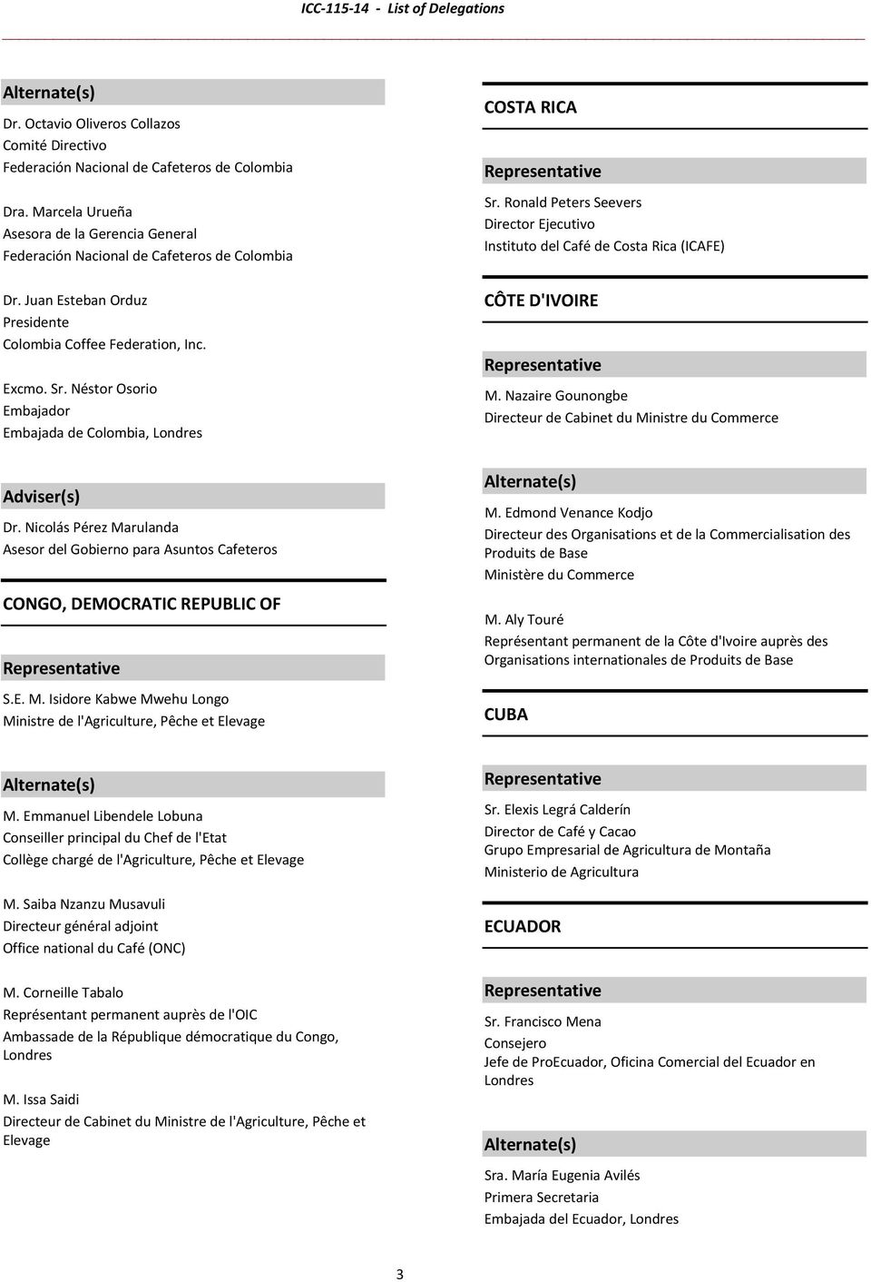 Ronald Peters Seevers Director Ejecutivo Instituto del Café de Costa Rica (ICAFE) CÔTE D'IVOIRE M. Nazaire Gounongbe Directeur de Cabinet du Ministre du Commerce Dr.