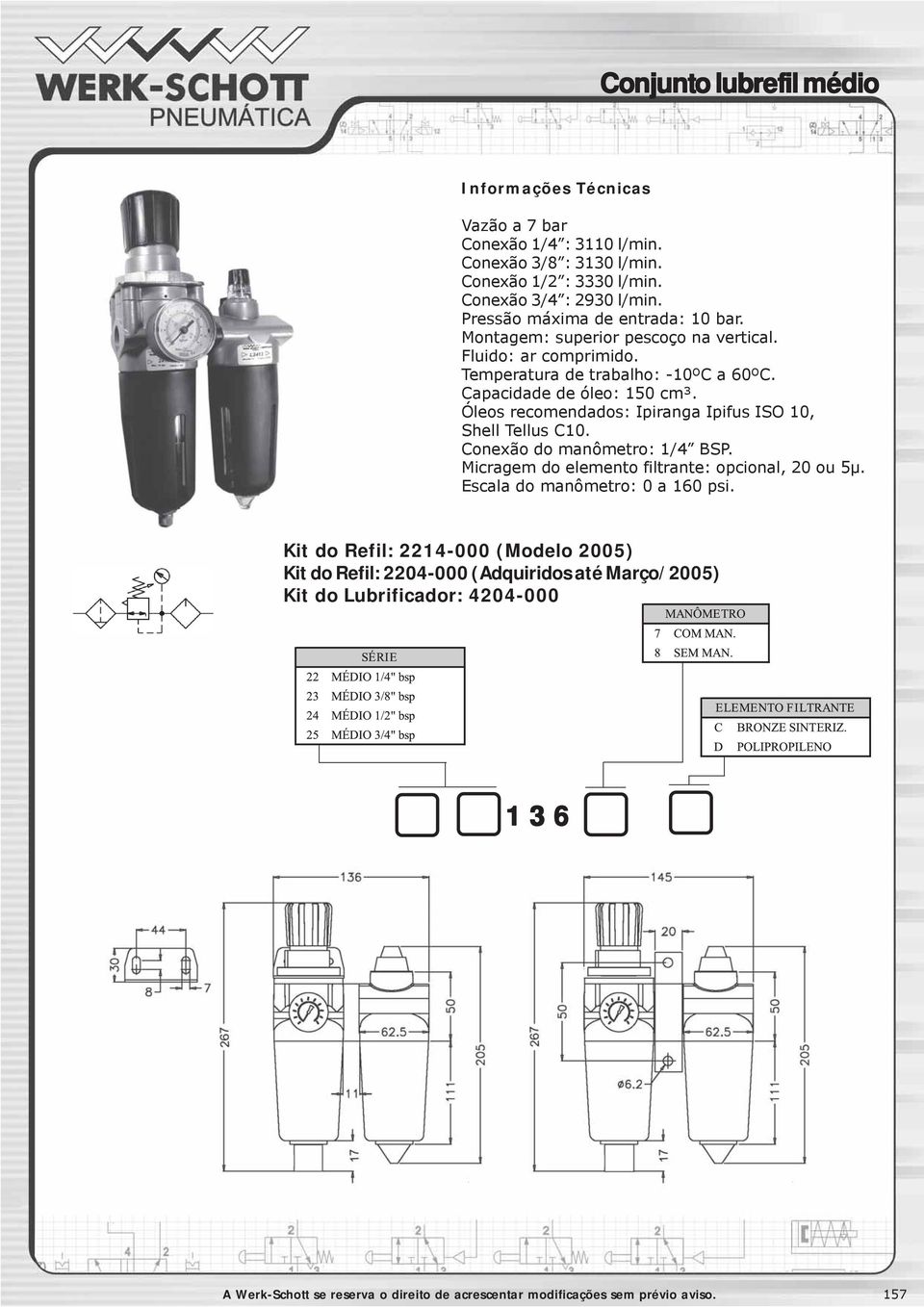 Óleos recomendados: Ipiranga Ipifus ISO 10, Shell Tellus C10. Conexão do manômetro: 1/4 BSP. Micragem do elemento filtrante: opcional, 20 ou 5μ.