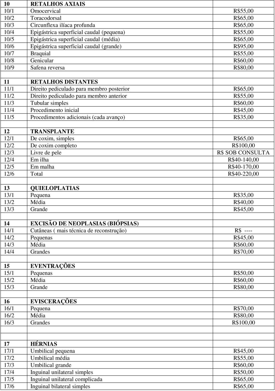 membro posterior R$65,00 11/2 Direito pediculado para membro anterior R$55,00 11/3 Tubular simples R$60,00 11/4 Procedimento inicial R$45,00 11/5 Procedimentos adicionais (cada avanço) R$35,00 12