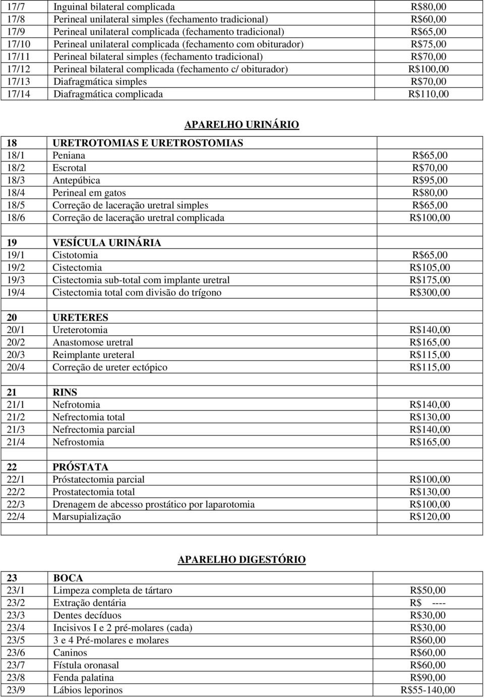 17/13 Diafragmática simples R$70,00 17/14 Diafragmática complicada R$110,00 APARELHO URINÁRIO 18 URETROTOMIAS E URETROSTOMIAS 18/1 Peniana R$65,00 18/2 Escrotal R$70,00 18/3 Antepúbica R$95,00 18/4