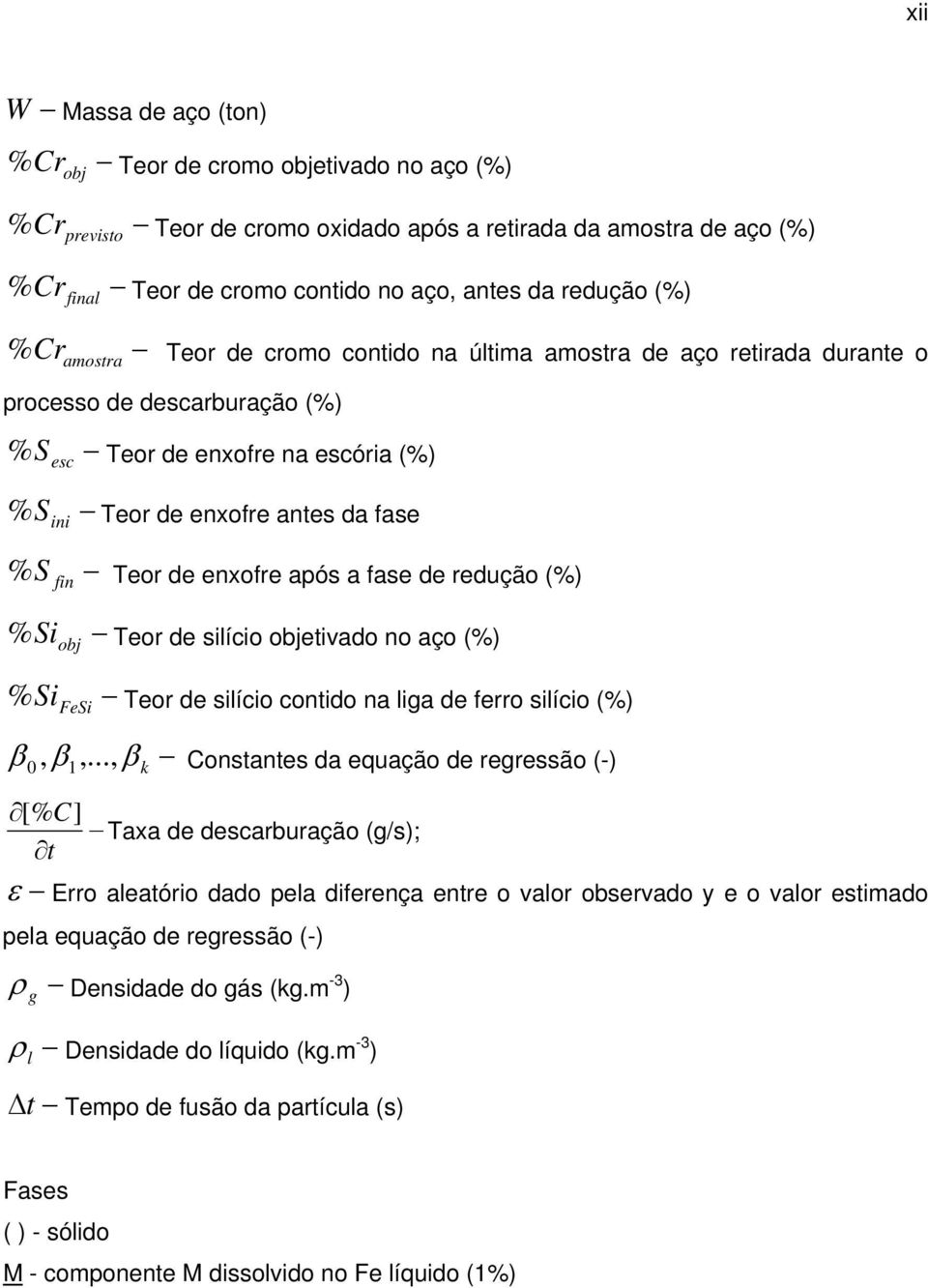 Teor de enxofre após a fase de redução (%) S fin % Teor de silício objetivado no aço (%) Si obj % Teor de silício contido na liga de ferro silício (%) Si FeSi, 1 β β,.