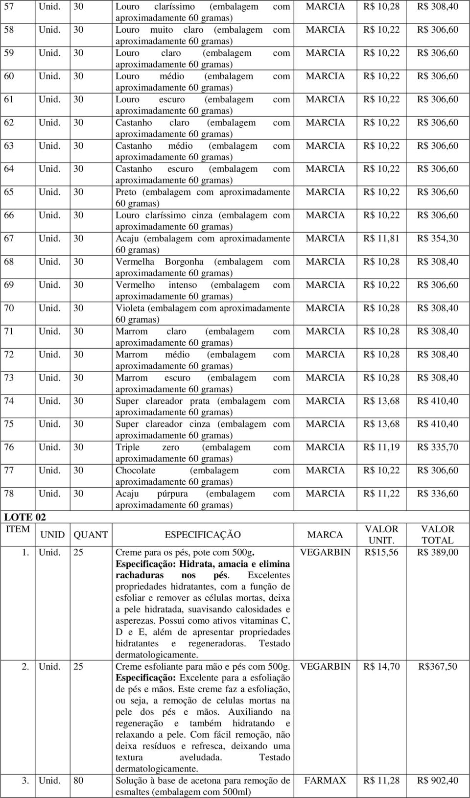 30 Castanho claro (embalagem com MARCIA R$ 10,22 R$ 306,60 63 Unid. 30 Castanho médio (embalagem com MARCIA R$ 10,22 R$ 306,60 64 Unid.