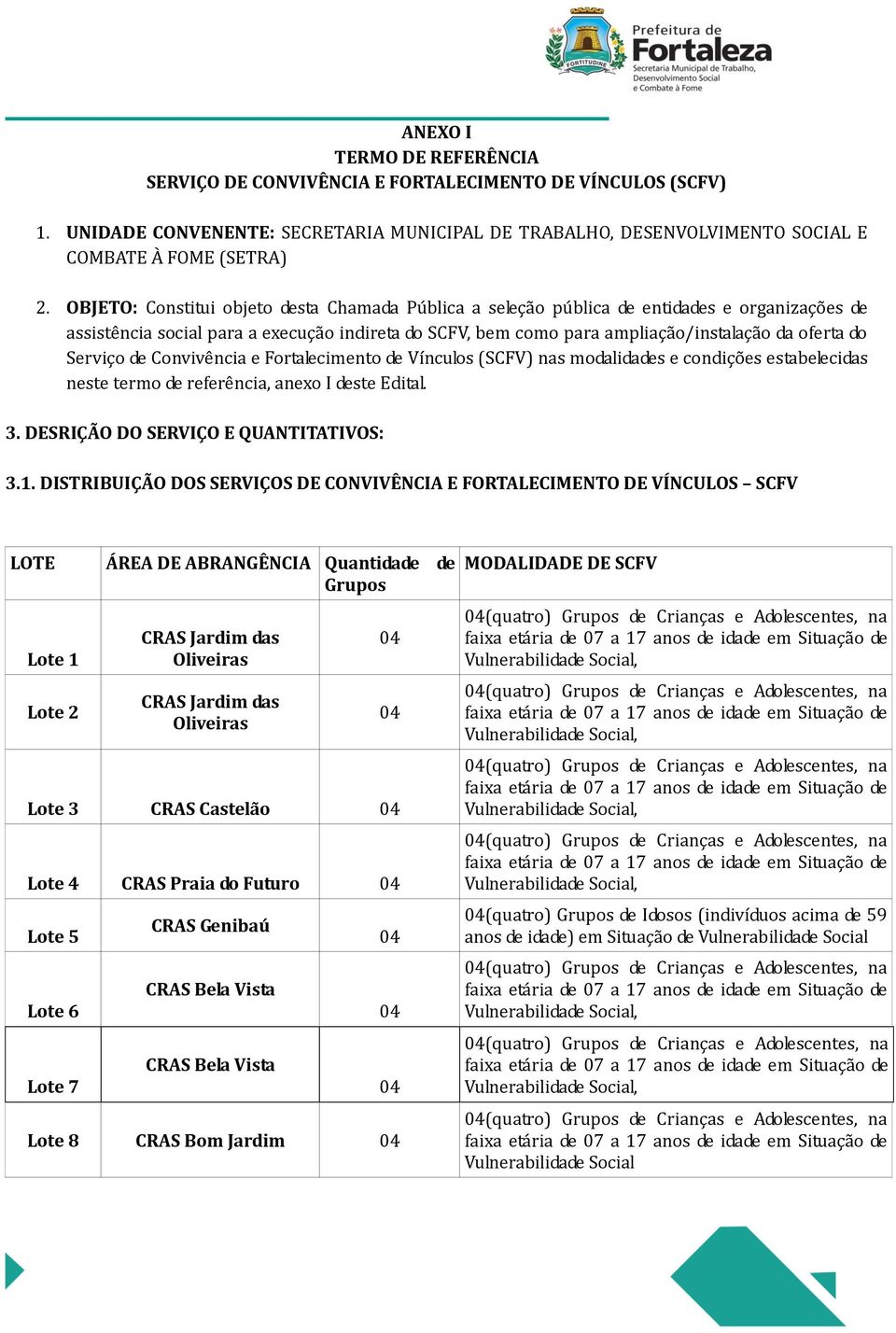 Serviço de Convivência e Fortalecimento de Vínculos (SCFV) nas modalidades e condições estabelecidas neste termo de referência, anexo I deste Edital. 3. DESRIÇÃO DO SERVIÇO E QUANTITATIVOS: 3.1.