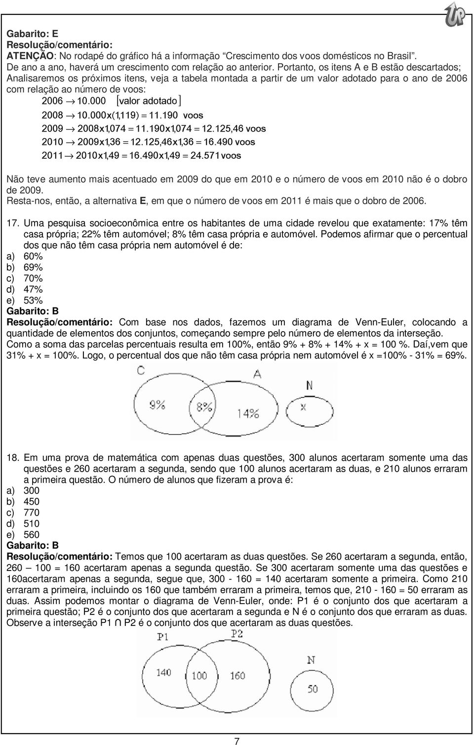 000 [ valor adotado] 2008 10.000 (x 1,119 ) = 11.190 2008x1,074 = 2009x1,36 = 2010 x1,49 = voos 2009 11.190x1,074 = 12.125,46 voos 2010 12.125,46x1,36 = 16.490 voos 2011 16.490x1,49 = 24.