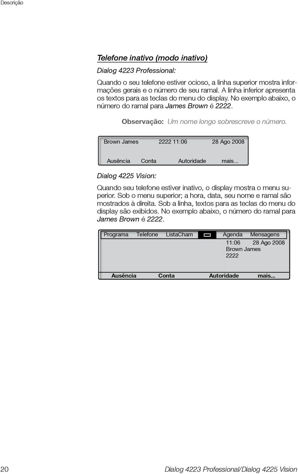 Brown James 2222 11:06 28 Ago 2008 Ausência Conta Autoridade mais... Dialog 4225 Vision: Quando seu telefone estiver inativo, o display mostra o menu superior.