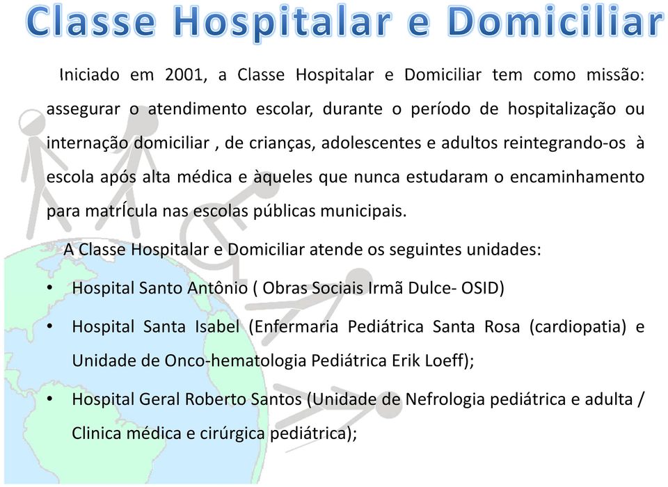 A Classe Hospitalar e Domiciliar atende os seguintes unidades: Hospital Santo Antônio ( Obras Sociais Irmã Dulce- OSID) Hospital Santa Isabel (Enfermaria Pediátrica Santa