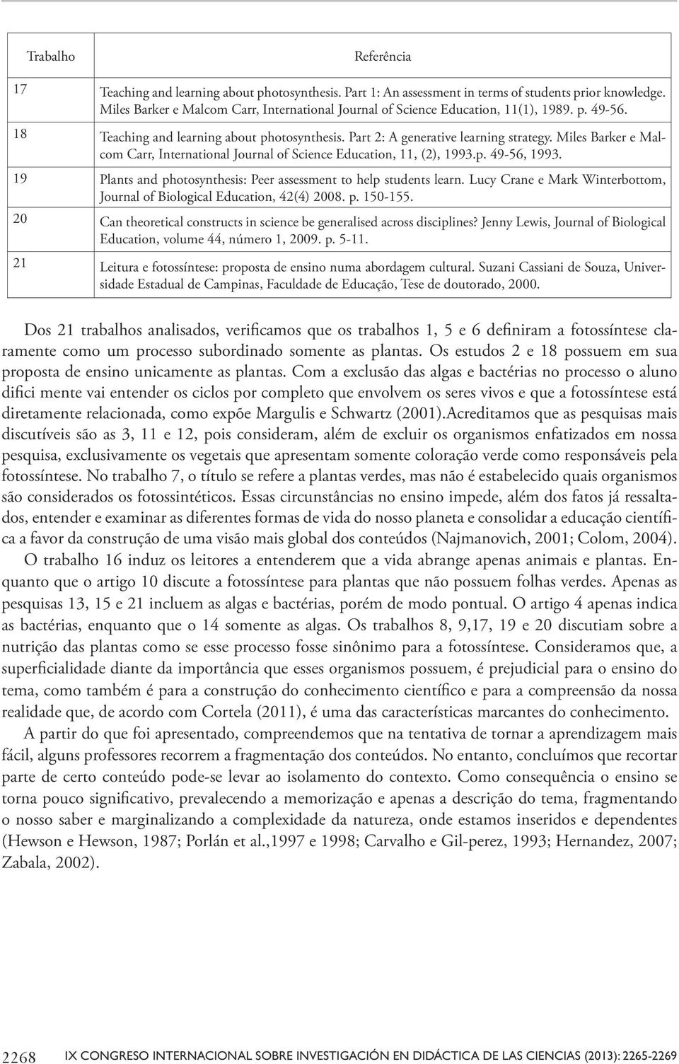 Miles Barker e Malcom Carr, International Journal of Science Education, 11, (2), 1993.p. 49-56, 1993. 19 Plants and photosynthesis: Peer assessment to help students learn.