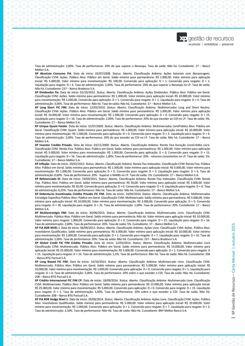 Valor mínimo para aplicação inicial: R$ 5.000,00. Valor mínimo para movimentação: R$ 100,00. Conversão para aplicação: D + 1. Conversão para resgate: D + 1. Liquidação para resgate: D + 4.