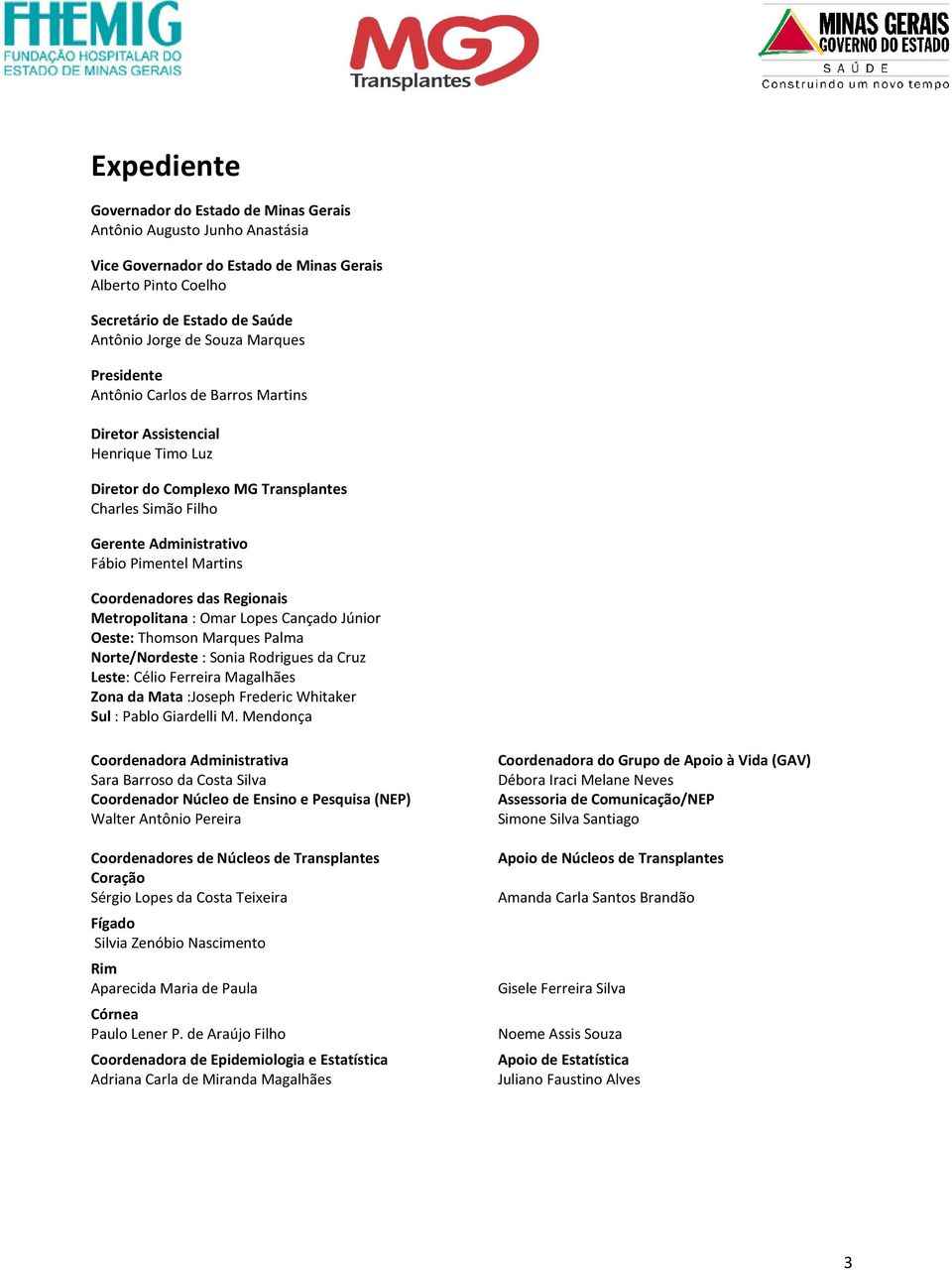 Coordenadores das Regionais Metropolitana : Omar Lopes Cançado Júnior Oeste: Thomson Marques Palma Norte/Nordeste : Sonia Rodrigues da Cruz Leste: Célio Ferreira Magalhães Zona da Mata :Joseph