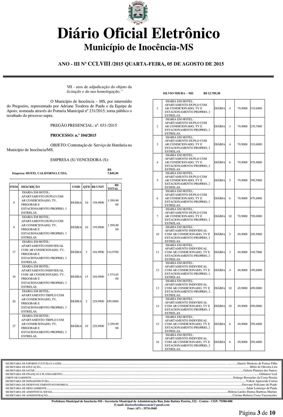 resultado do processo supra. PREGÃO PRESENCIAL: nº. 033 /2015 PROCESSO: n.º 104/2015 OBJETO: Contratação de Serviço de Hotelaria no Município de Inocência/MS. Empresa: HOTEL CALIFORNIA LTDA.