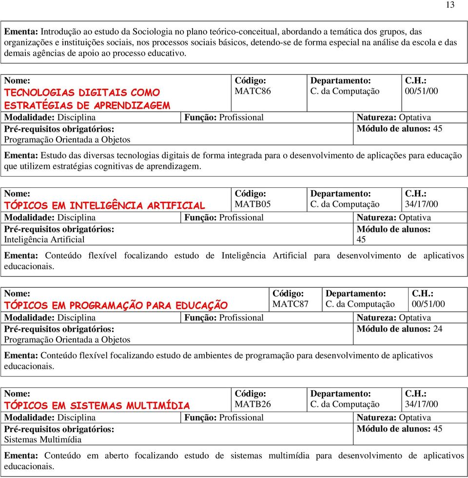 TECNOLOGIAS DIGITAIS COMO ESTRATÉGIAS DE APRENDIZAGEM MATC86 Programação Orientada a Objetos Ementa: Estudo das diversas tecnologias digitais de forma integrada para o desenvolvimento de aplicações