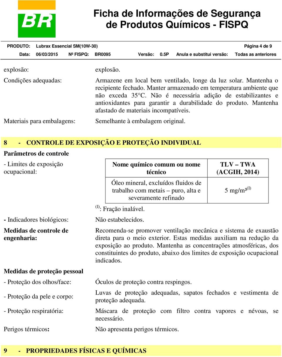 Mantenha afastado de materiais incompatíveis. Semelhante à embalagem original.