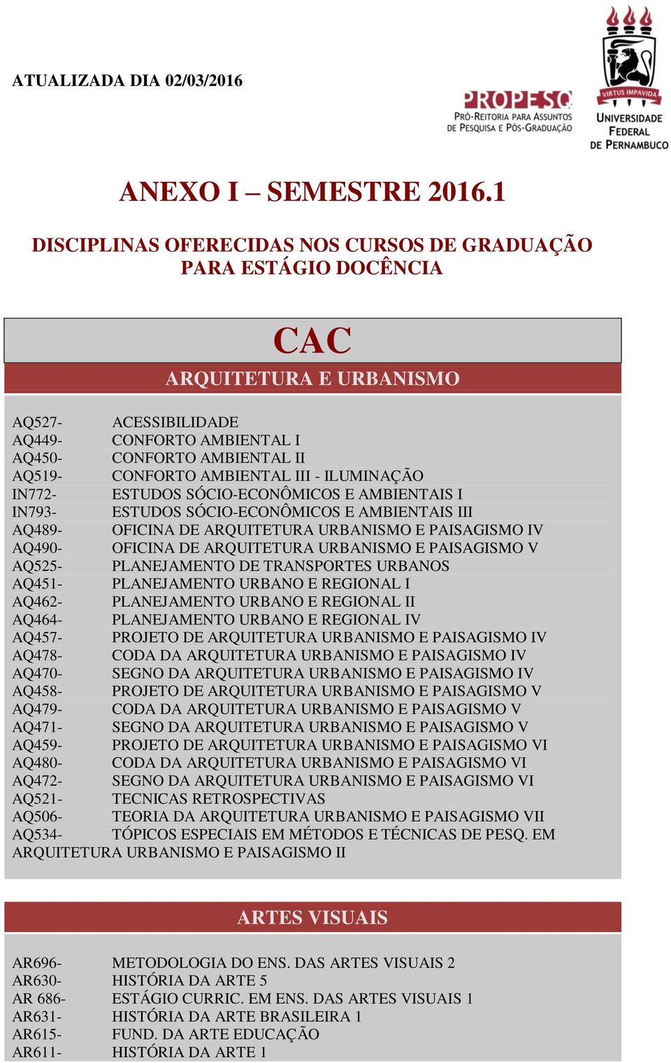 AMBIENTAL III - ILUMINAÇÃO IN772- ESTUDOS SÓCIO-ECONÔMICOS E AMBIENTAIS I IN793- ESTUDOS SÓCIO-ECONÔMICOS E AMBIENTAIS III AQ489- OFICINA DE ARQUITETURA URBANISMO E PAISAGISMO IV AQ490- OFICINA DE