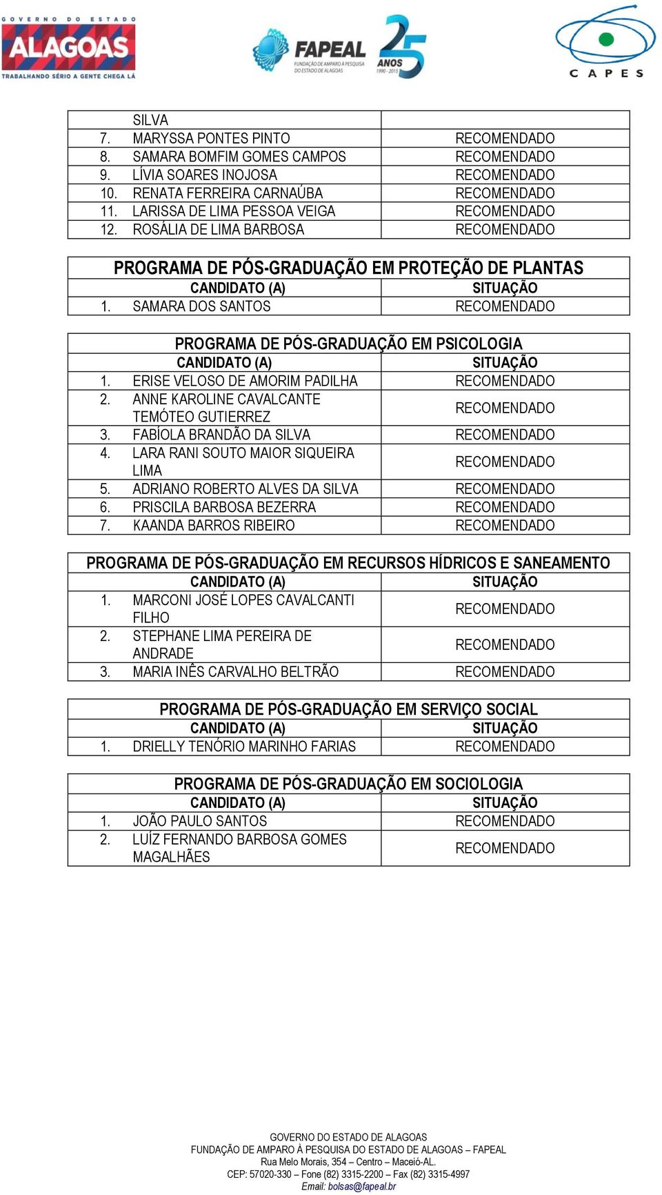 ANNE KAROLINE CAVALCANTE TEMÓTEO GUTIERREZ 3. FABÍOLA BRANDÃO DA SILVA 4. LARA RANI SOUTO MAIOR SIQUEIRA LIMA 5. ADRIANO ROBERTO ALVES DA SILVA 6. PRISCILA BARBOSA BEZERRA 7.