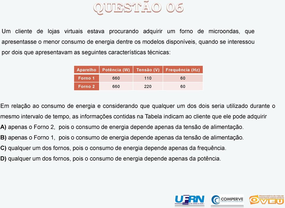 um dos dois seria utilizado durante o mesmo intervalo de tempo, as informações contidas na Tabela indicam ao cliente que ele pode adquirir A) apenas o Forno 2, pois o consumo de energia depende