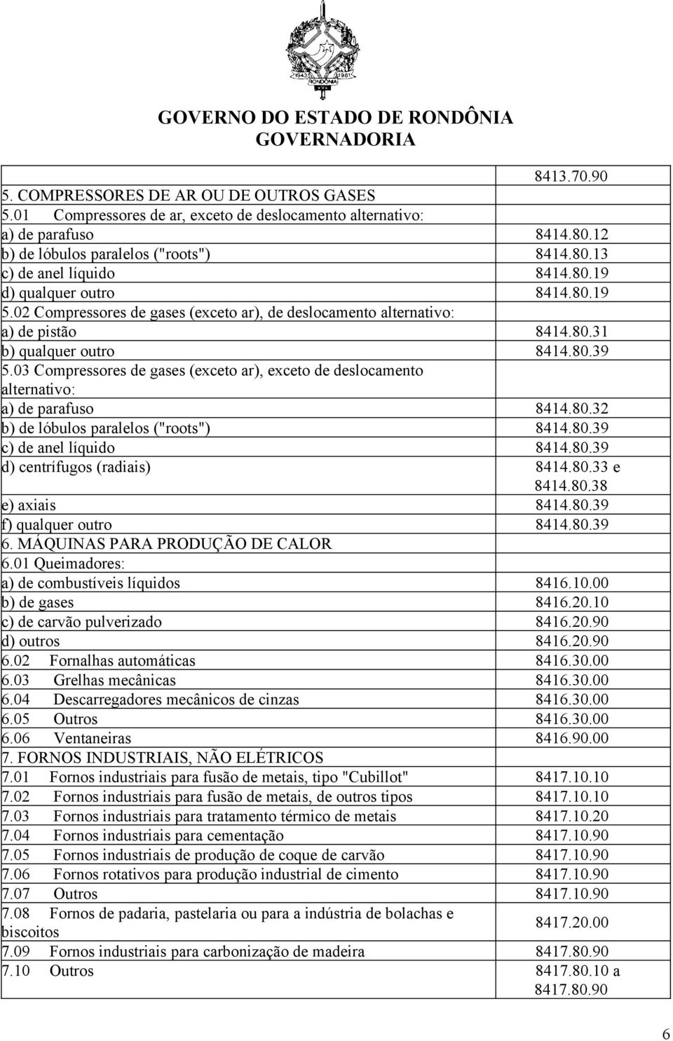 03 Compressores de gases (exceto ar), exceto de deslocamento alternativo: a) de parafuso 8414.80.32 b) de lóbulos paralelos ("roots") 8414.80.39 c) de anel líquido 8414.80.39 d) centrífugos (radiais) 8414.