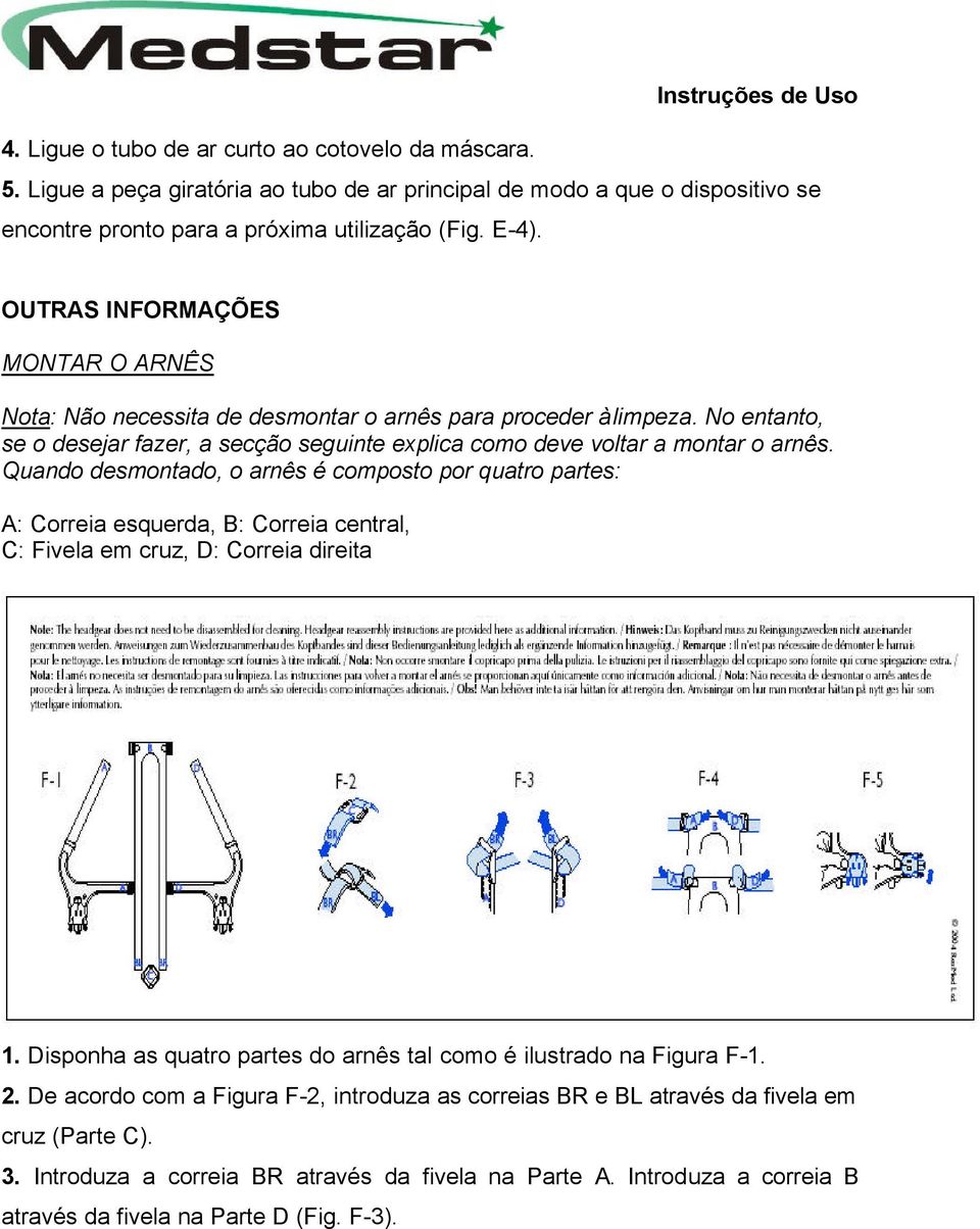 Quando desmontado, o arnês é composto por quatro partes: A: Correia esquerda, B: Correia central, C: Fivela em cruz, D: Correia direita 1.