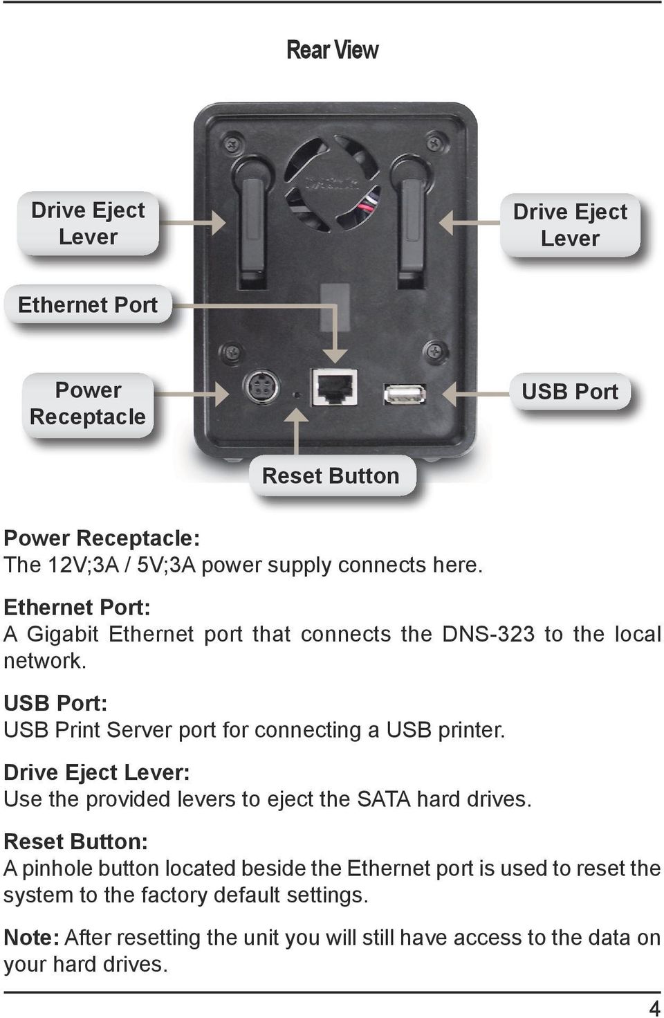 USB Port: USB Print Server port for connecting a USB printer. Drive Eject Lever: Use the provided levers to eject the SATA hard drives.